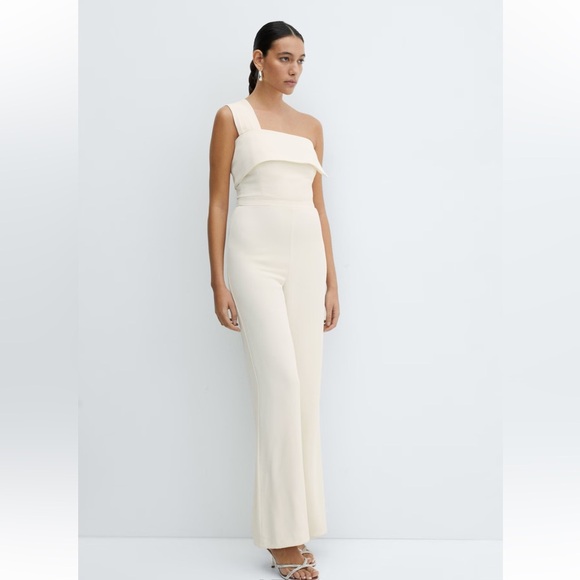 Mango Pants - Mango Bridal Rehearsal Dinner One-Shoulder Ruffled Asymmetric Jumpsuit (Size XS)